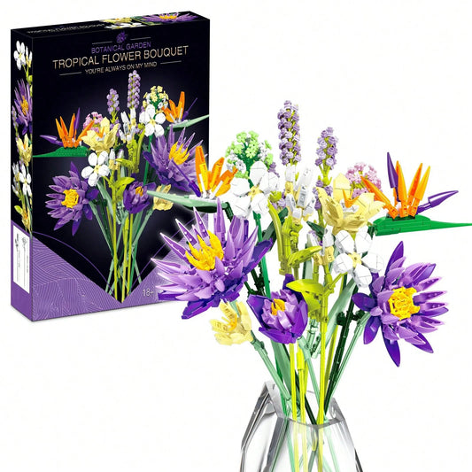 Blue Lotus Bouquet Building Block Set- 891 Pieces, Containing 13 Different Exquisite Flowers. This Adult-Sized Artificial Flower Set Is Suitable For Various Occasions, Including Home Décor, Desk Deco
