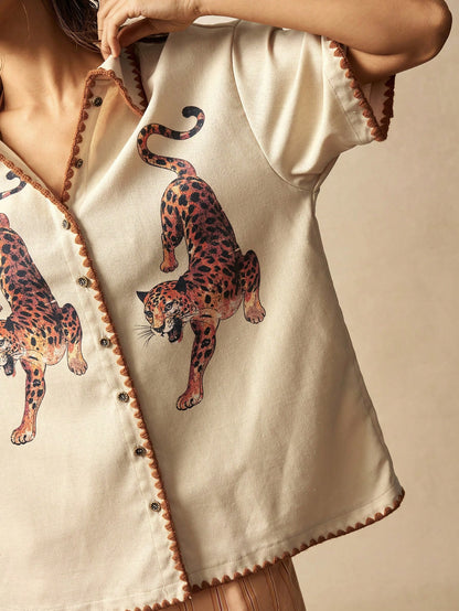 Bohemela Plus Size Women Leopard Print Short Sleeve Button-Down Casual Shirt