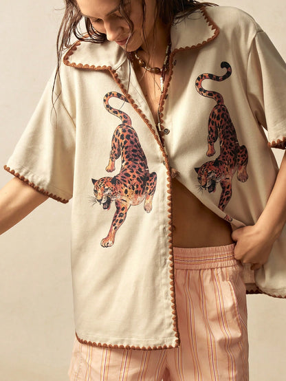 Bohemela Plus Size Women Leopard Print Short Sleeve Button-Down Casual Shirt