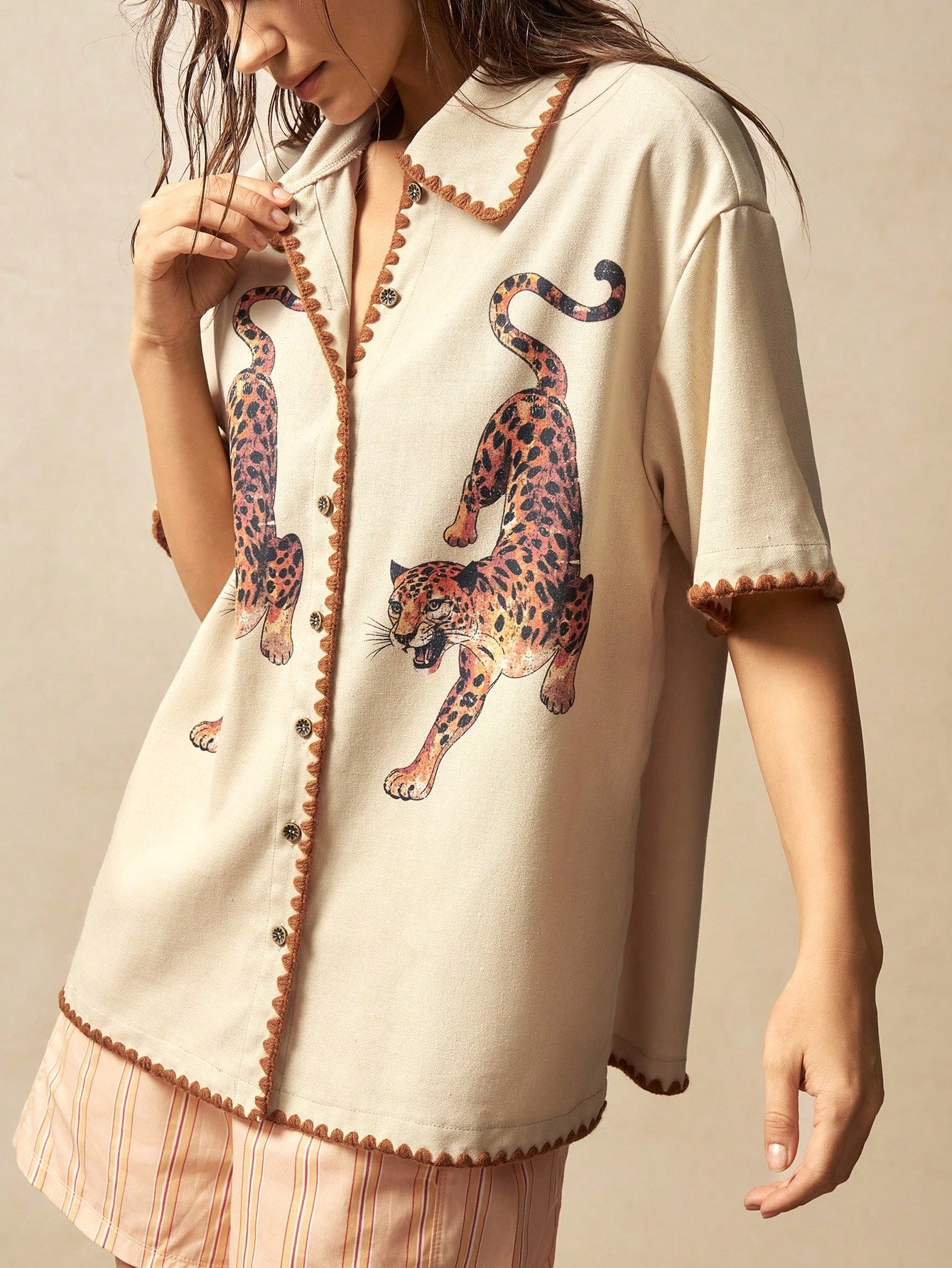 Bohemela Plus Size Women Leopard Print Short Sleeve Button-Down Casual Shirt