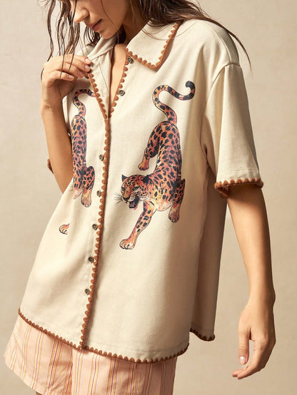 Bohemela Plus Size Women Leopard Print Short Sleeve Button-Down Casual Shirt