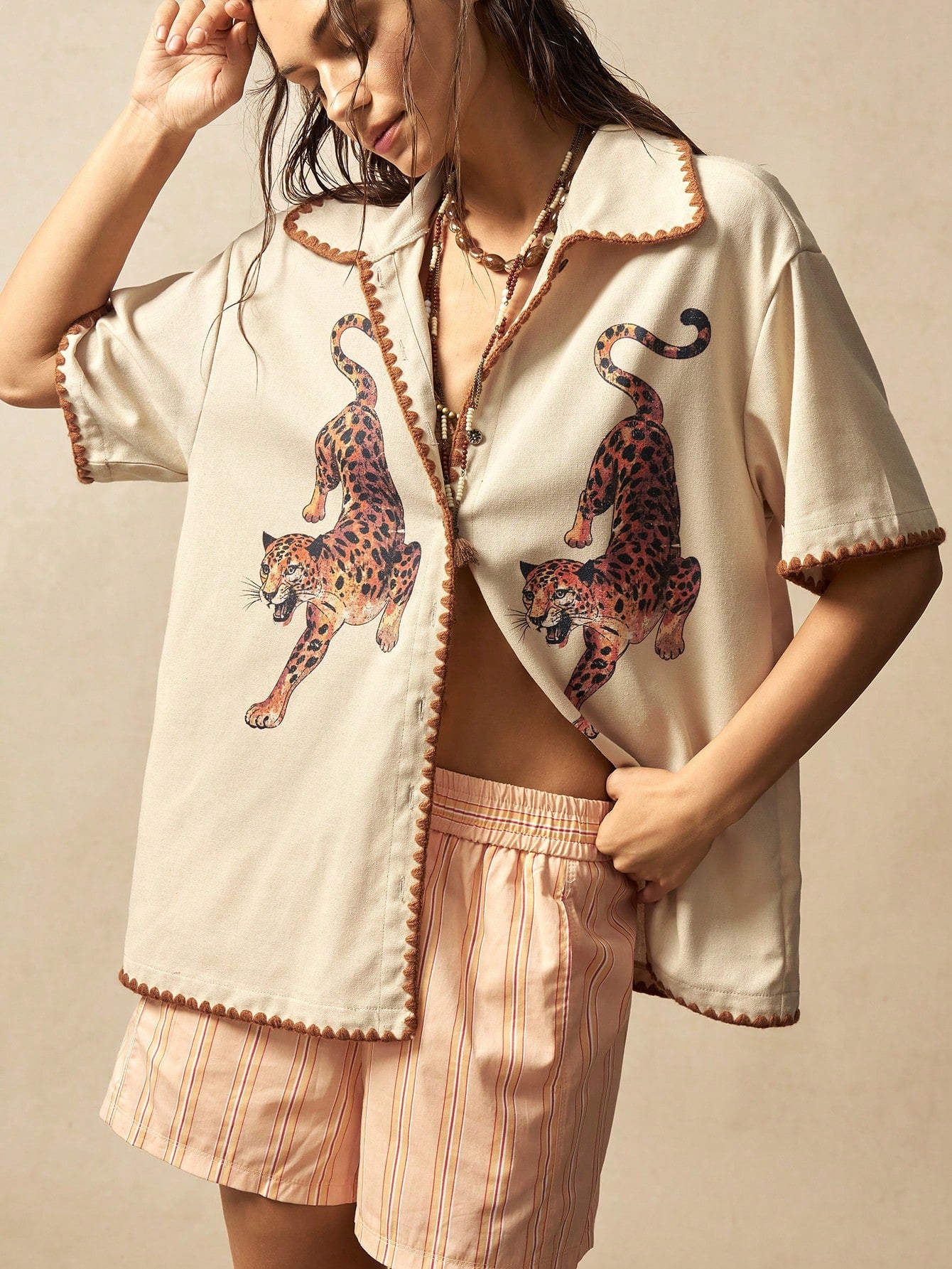 Bohemela Plus Size Women Leopard Print Short Sleeve Button-Down Casual Shirt