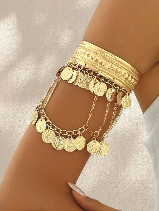 Boho Exaggerated Coin Tassel Wide Arm Cuff- Vintage Jewelry Body Accessory