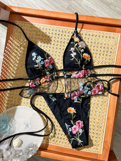 Bonvoyette New Spring Summer Multi-Color Embroidered Floral Print Spaghetti Strap Backless Side Tie High Cut Fashionable European And American Beach Vacation Cruise Party Tank Top Bikini Swimsuit Set