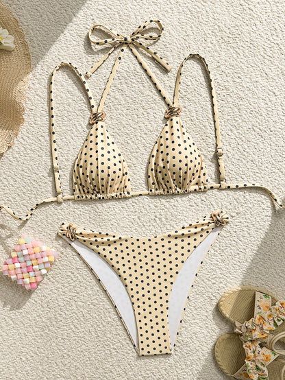 Bonvoyette Spring/Summer Girls Fashion Hot-Selling Vacation Influencer Style Hot Spring Polka Dot Print Two-Piece Bikini Set