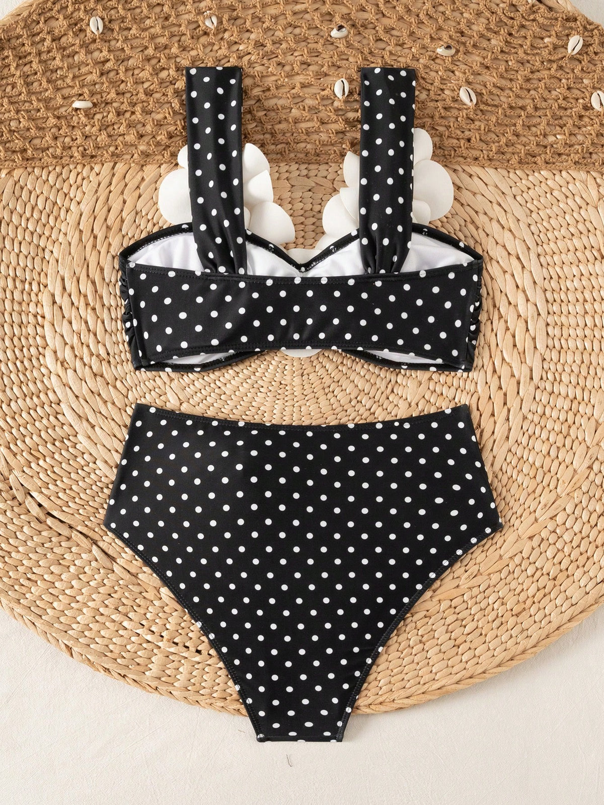 Bonvoyette Women Bikini Swimsuit 2-Piece Set White With Black Polka Dots,Summer,Casual,Holiday,Vacation,Holiday 3D Floral Wireless Knitted Elegant Party