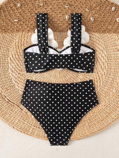 Bonvoyette Women Bikini Swimsuit 2-Piece Set White With Black Polka Dots,Summer,Casual,Holiday,Vacation,Holiday 3D Floral Wireless Knitted Elegant Party