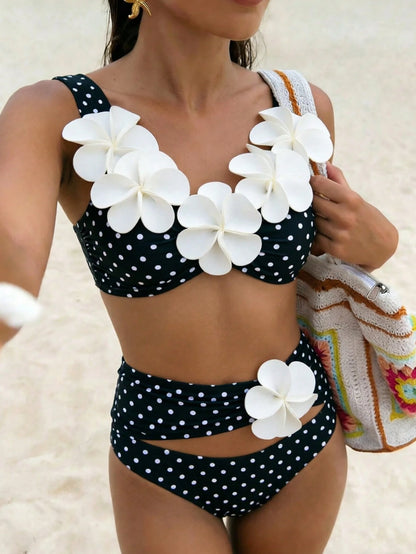 Bonvoyette Women Bikini Swimsuit 2-Piece Set White With Black Polka Dots,Summer,Casual,Holiday,Vacation,Holiday 3D Floral Wireless Knitted Elegant Party
