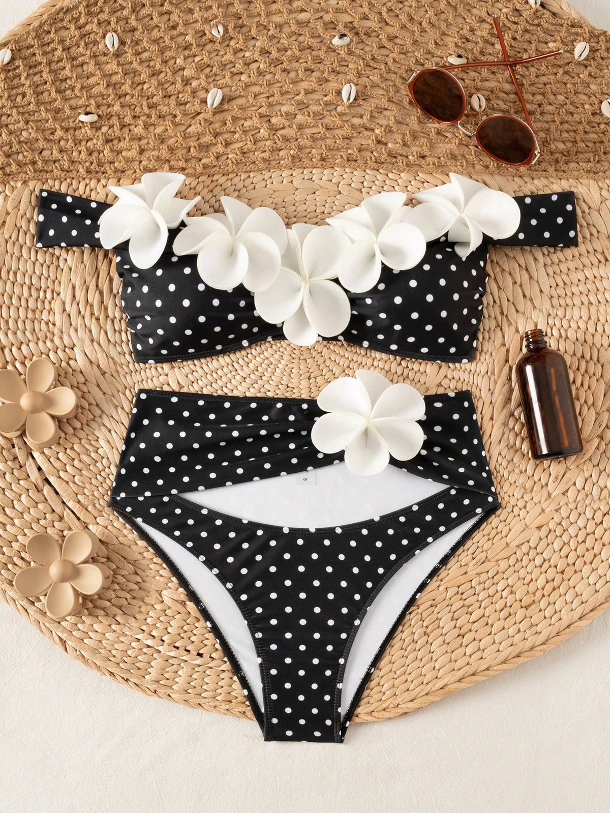 Bonvoyette Women Bikini Swimsuit 2-Piece Set White With Black Polka Dots,Summer,Casual,Holiday,Vacation,Holiday 3D Floral Wireless Knitted Elegant Party