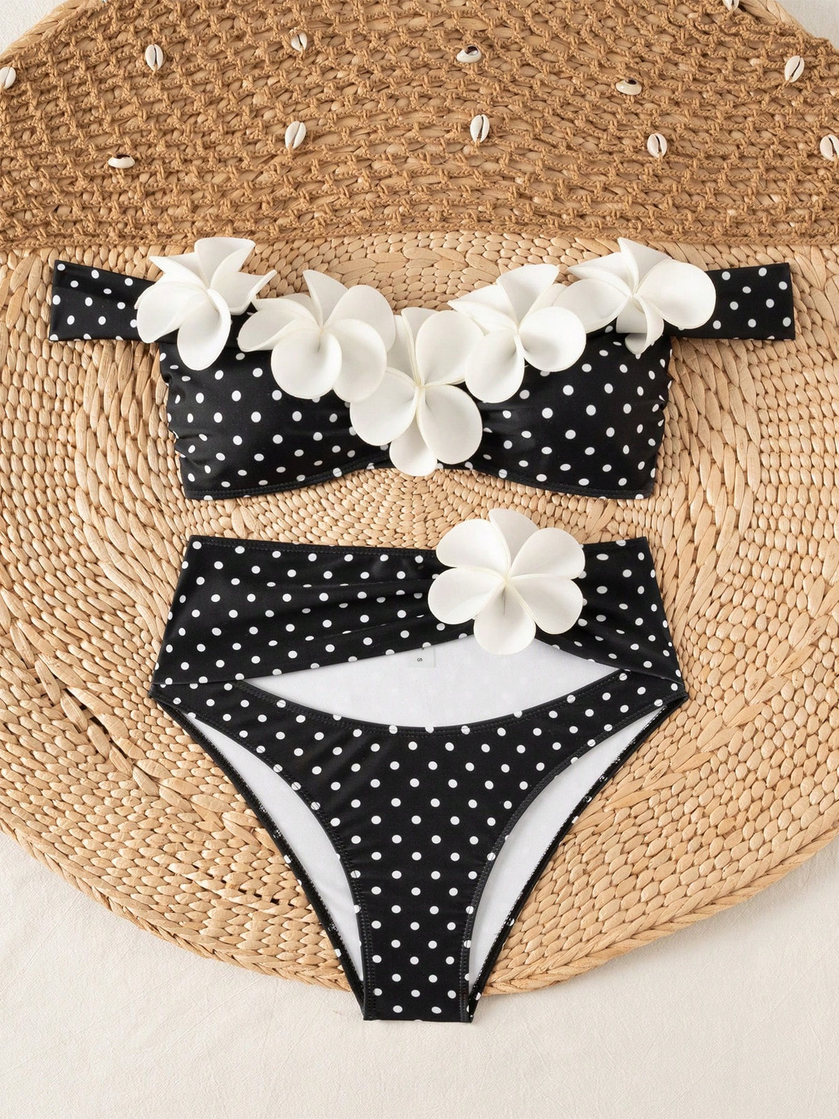Bonvoyette Women Bikini Swimsuit 2-Piece Set White With Black Polka Dots,Summer,Casual,Holiday,Vacation,Holiday 3D Floral Wireless Knitted Elegant Party
