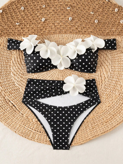Bonvoyette Women Bikini Swimsuit 2-Piece Set White With Black Polka Dots,Summer,Casual,Holiday,Vacation,Holiday 3D Floral Wireless Knitted Elegant Party