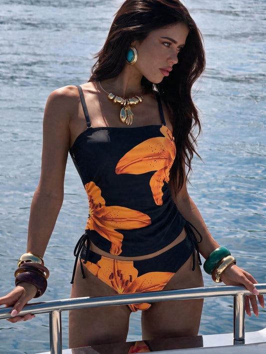 Bonvoyette Women's Flower Printed Tankini Swimwear Set,Elegant Tummy Control Two Pieces Swimwear,Black And Orange Summer Casual Beach Party Holiday Vacation