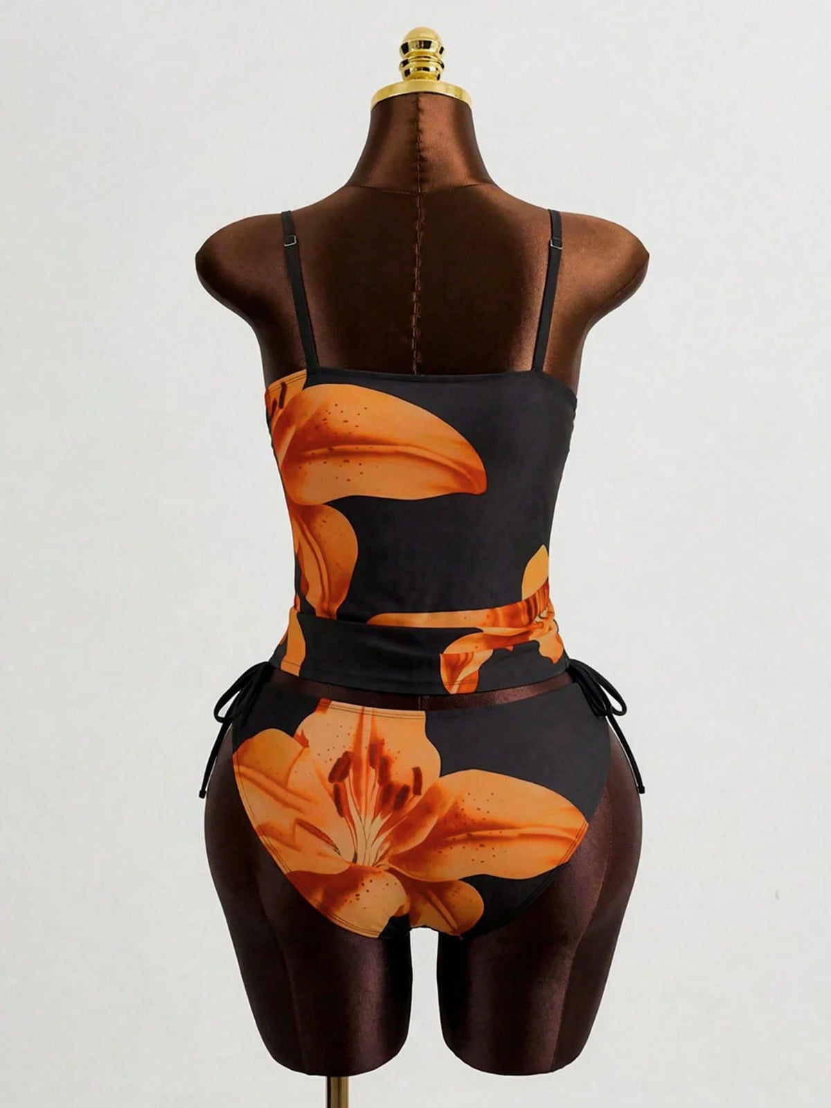 Bonvoyette Women's Flower Printed Tankini Swimwear Set,Elegant Tummy Control Two Pieces Swimwear,Black And Orange Summer Casual Beach Party Holiday Vacation