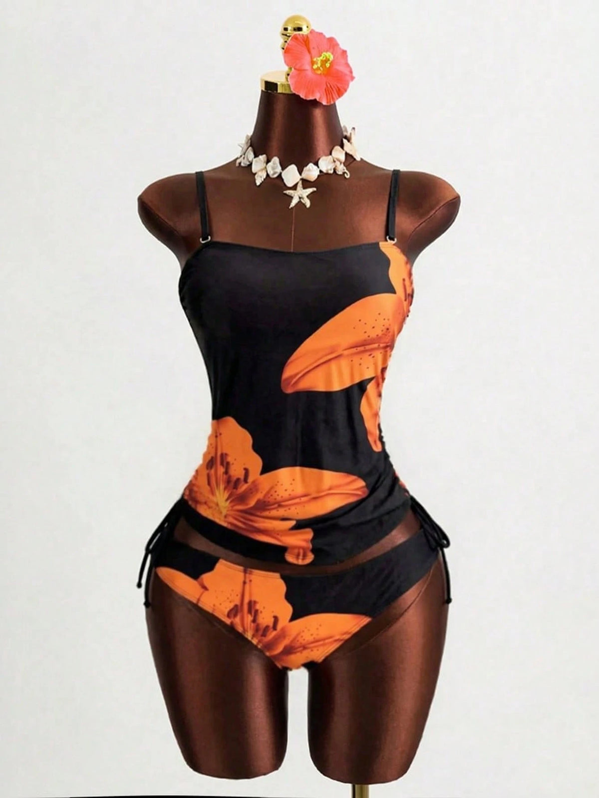 Bonvoyette Women's Flower Printed Tankini Swimwear Set,Elegant Tummy Control Two Pieces Swimwear,Black And Orange Summer Casual Beach Party Holiday Vacation
