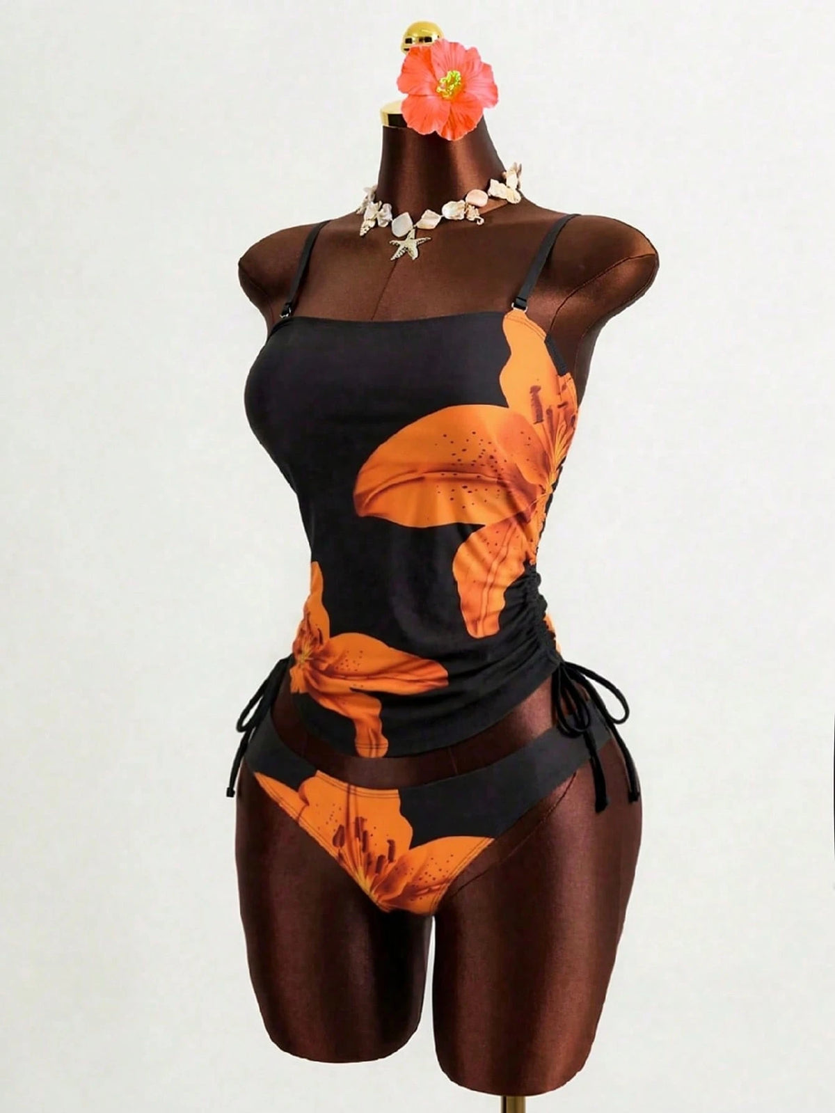Bonvoyette Women's Flower Printed Tankini Swimwear Set,Elegant Tummy Control Two Pieces Swimwear,Black And Orange Summer Casual Beach Party Holiday Vacation