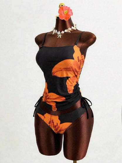 Bonvoyette Women's Flower Printed Tankini Swimwear Set,Elegant Tummy Control Two Pieces Swimwear,Black And Orange Summer Casual Beach Party Holiday Vacation