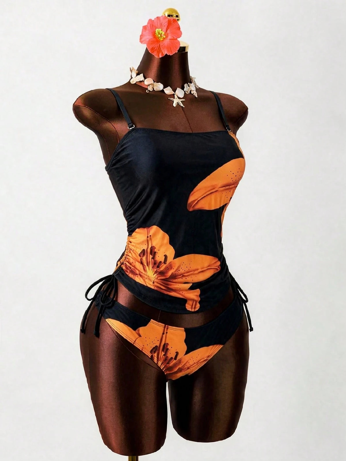 Bonvoyette Women's Flower Printed Tankini Swimwear Set,Elegant Tummy Control Two Pieces Swimwear,Black And Orange Summer Casual Beach Party Holiday Vacation