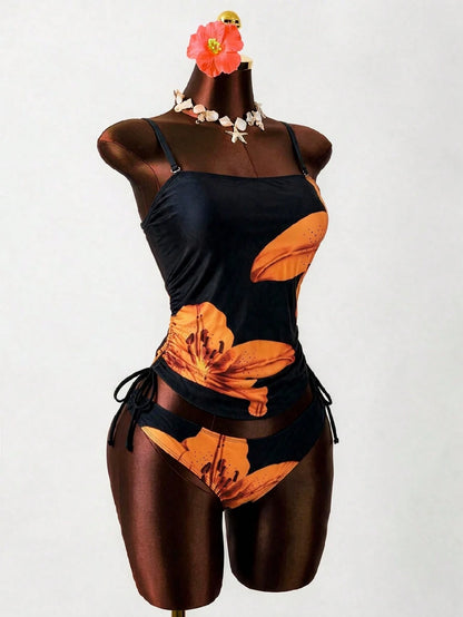 Bonvoyette Women's Flower Printed Tankini Swimwear Set,Elegant Tummy Control Two Pieces Swimwear,Black And Orange Summer Casual Beach Party Holiday Vacation