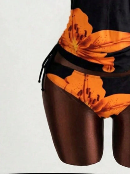 Bonvoyette Women's Flower Printed Tankini Swimwear Set,Elegant Tummy Control Two Pieces Swimwear,Black And Orange Summer Casual Beach Party Holiday Vacation