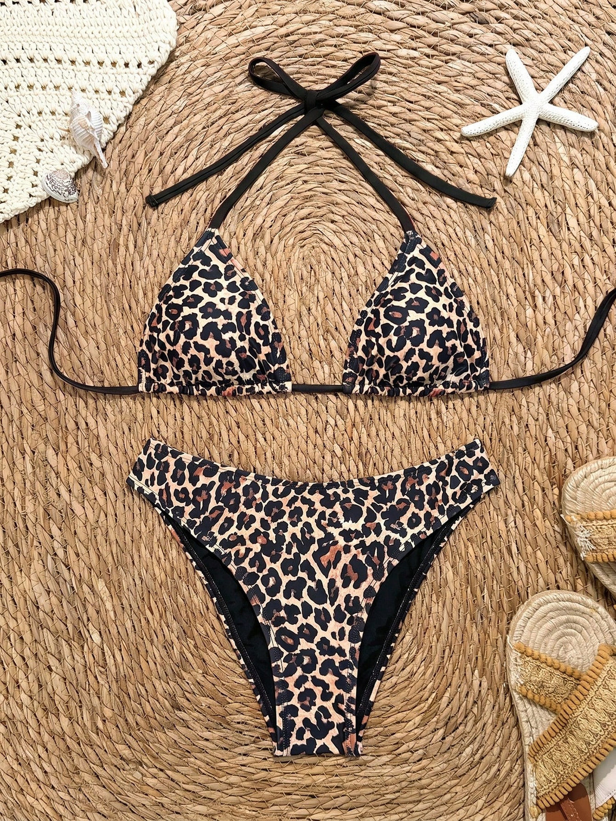 Bonvoyette Women's Leopard Print Bikini Set,Tan Summer Casual Beach Holiday Vacation Holiday Spaghetti Strap Halter Neck High Cut Swimwear 2-Piece Swimsuit