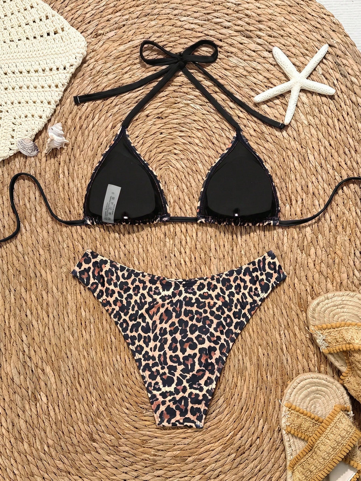 Bonvoyette Women's Leopard Print Bikini Set,Tan Summer Casual Beach Holiday Vacation Holiday Spaghetti Strap Halter Neck High Cut Swimwear 2-Piece Swimsuit