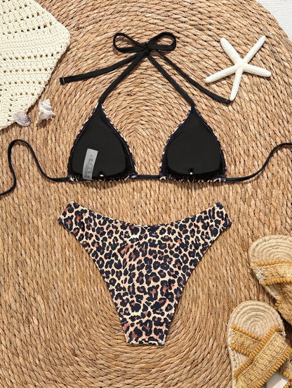 Bonvoyette Women's Leopard Print Bikini Set,Tan Summer Casual Beach Holiday Vacation Holiday Spaghetti Strap Halter Neck High Cut Swimwear 2-Piece Swimsuit