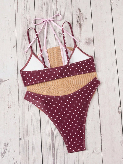 Bonvoyette Women's Pink And White Polka Dot Bikini Set,Summer,1920s Gatsby Style Contrast Color Print,Holiday,Pool Party,Holiday Beachwear,Y2K Nightclub