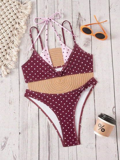 Bonvoyette Women's Pink And White Polka Dot Bikini Set,Summer,1920s Gatsby Style Contrast Color Print,Holiday,Pool Party,Holiday Beachwear,Y2K Nightclub