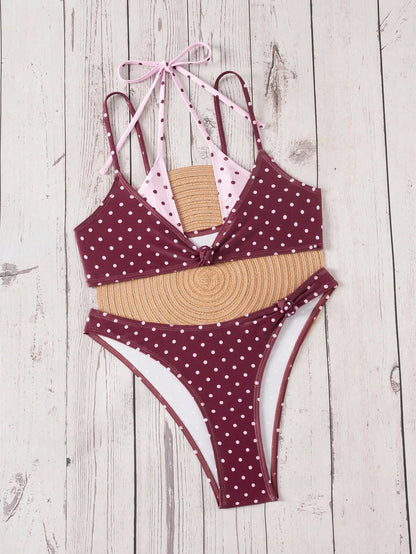 Bonvoyette Women's Pink And White Polka Dot Bikini Set,Summer,1920s Gatsby Style Contrast Color Print,Holiday,Pool Party,Holiday Beachwear,Y2K Nightclub