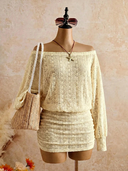 Bonvoyette Women's Solid Color Off-Shoulder Beach Cover-Up White Summer Sequin Sexy