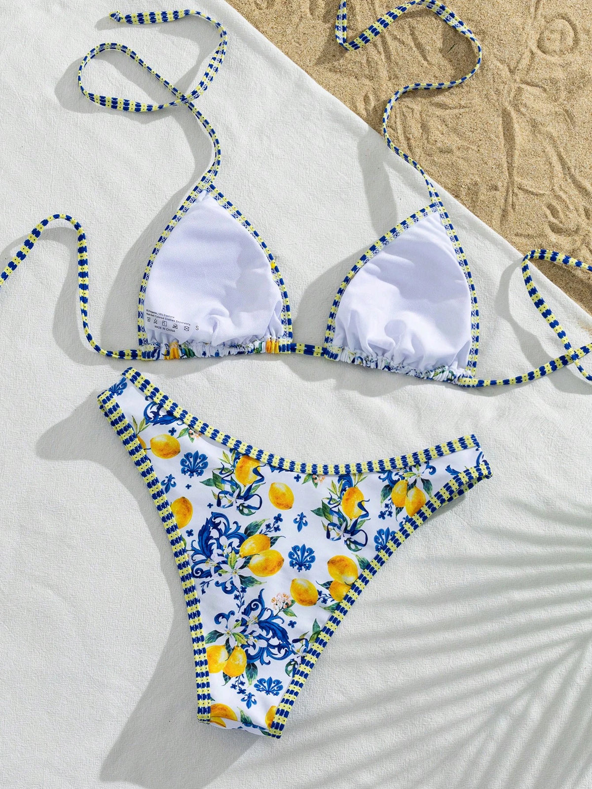 Bonvoyette Women's Summer Beach Music Festival Lemon Print Halter Backless Thong Holiday Bikini Set