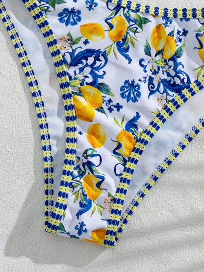 Bonvoyette Women's Summer Beach Music Festival Lemon Print Halter Backless Thong Holiday Bikini Set