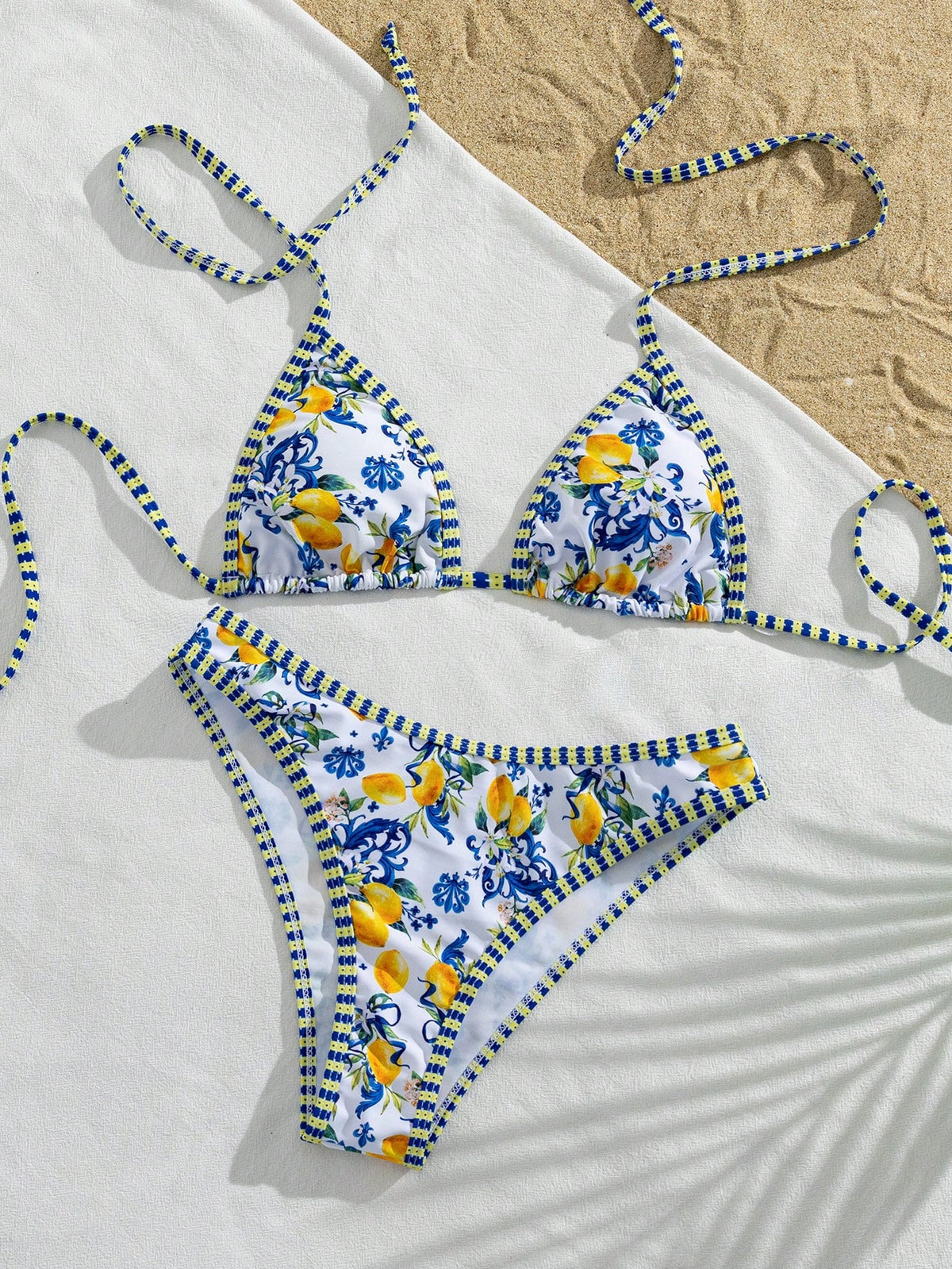 Bonvoyette Women's Summer Beach Music Festival Lemon Print Halter Backless Thong Holiday Bikini Set