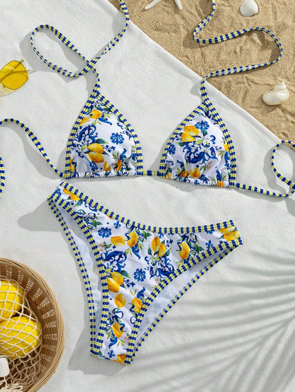 Bonvoyette Women's Summer Beach Music Festival Lemon Print Halter Backless Thong Holiday Bikini Set