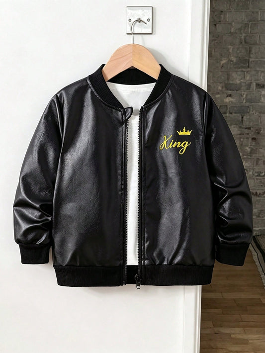 Boys' New Energetic Black PU Leather Long Sleeve Zipper Jacket, Fashionable Embroidered Pattern, Comfortable Fabric, Stylish Fit, Autumn/Winter New Arrival, Suitable For Multiple Seasons And Occasions