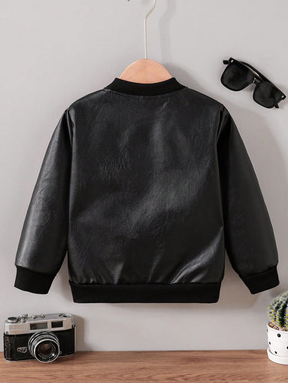 Boys' New Energetic Black PU Leather Long Sleeve Zipper Jacket, Fashionable Embroidered Pattern, Comfortable Fabric, Stylish Fit, Autumn/Winter New Arrival, Suitable For Multiple Seasons And Occasions