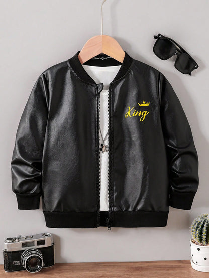 Boys' New Energetic Black PU Leather Long Sleeve Zipper Jacket, Fashionable Embroidered Pattern, Comfortable Fabric, Stylish Fit, Autumn/Winter New Arrival, Suitable For Multiple Seasons And Occasions