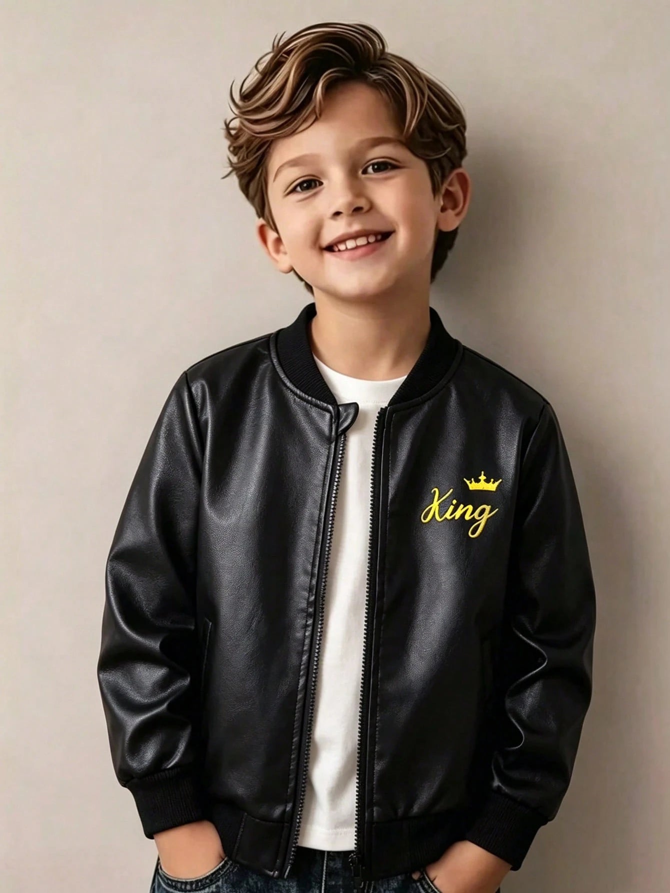 Boys' New Energetic Black PU Leather Long Sleeve Zipper Jacket, Fashionable Embroidered Pattern, Comfortable Fabric, Stylish Fit, Autumn/Winter New Arrival, Suitable For Multiple Seasons And Occasions