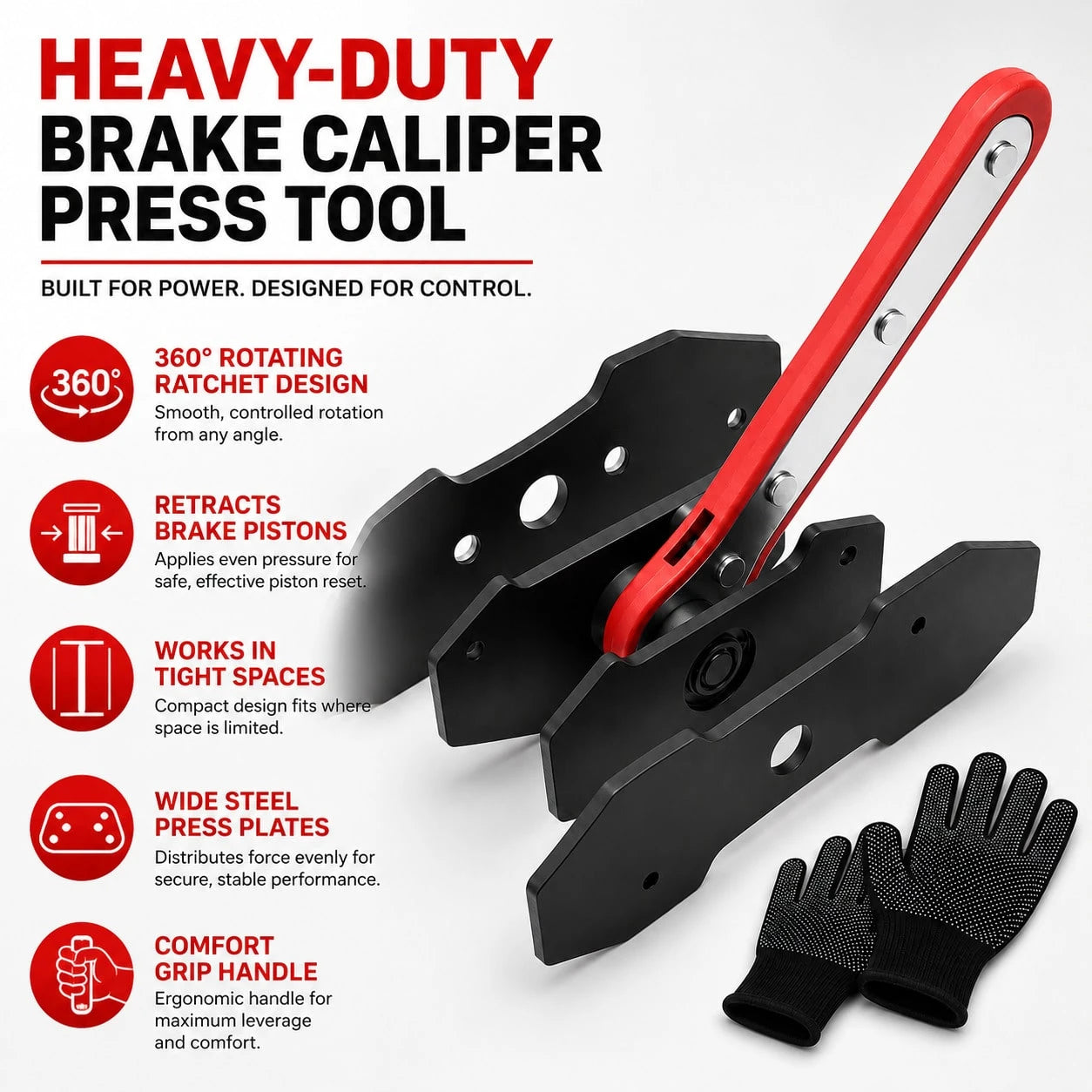 Brake Caliper Piston Retraction Tool With 360° Rotating Ratchet – Heavy-Duty Piston Compressor And Brake Pad Spreader Set; Includes Two Steel Plates And Work Gloves; Suitable For Single-, Twin-, And Q