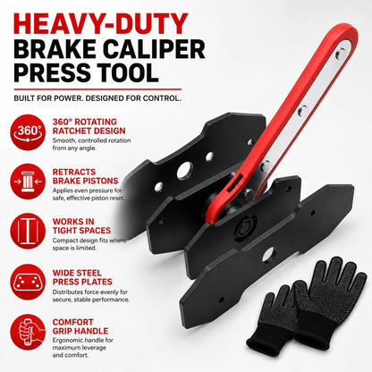 Brake Caliper Piston Retraction Tool With 360° Rotating Ratchet – Heavy-Duty Piston Compressor And Brake Pad Spreader Set; Includes Two Steel Plates And Work Gloves; Suitable For Single-, Twin-, And Q