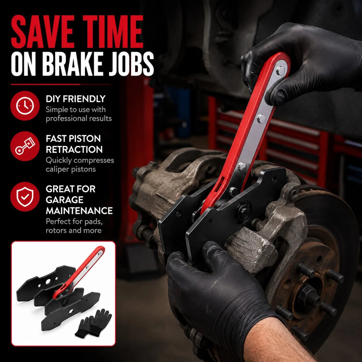 Brake Caliper Piston Retraction Tool With 360° Rotating Ratchet – Heavy-Duty Piston Compressor And Brake Pad Spreader Set; Includes Two Steel Plates And Work Gloves; Suitable For Single-, Twin-, And Q