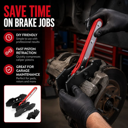 Brake Caliper Piston Retraction Tool With 360° Rotating Ratchet – Heavy-Duty Piston Compressor And Brake Pad Spreader Set; Includes Two Steel Plates And Work Gloves; Suitable For Single-, Twin-, And Q