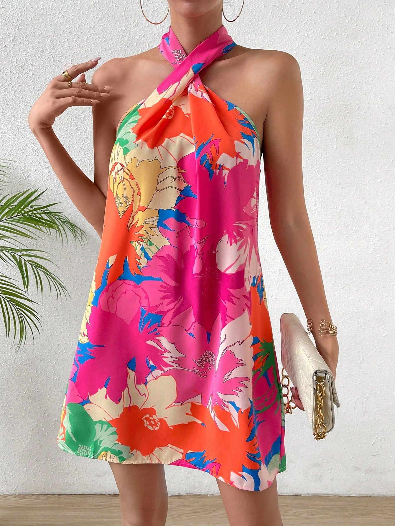 Breezaya Allover Print Halter Neck Backless Dress Vacation Beach Outfits Women