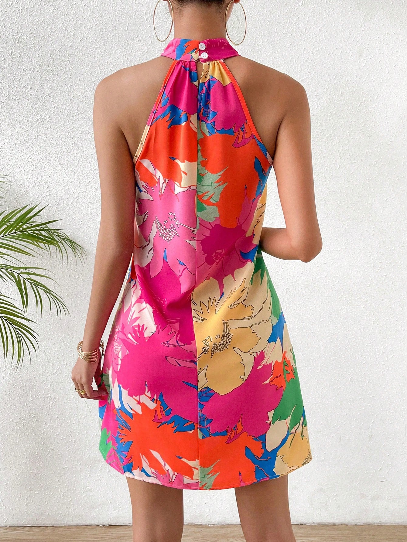 Breezaya Allover Print Halter Neck Backless Dress Vacation Beach Outfits Women