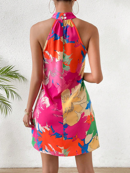 Breezaya Allover Print Halter Neck Backless Dress Vacation Beach Outfits Women