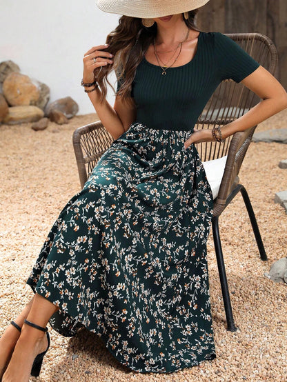 Breezaya Floral Patchwork Empire Waist Dress Maxi Women Outfit