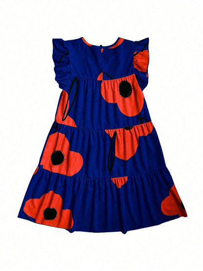 Breezaya Holiday Leisure Big Floral Printed Ruffle Hem Dress Vacation Beach Outfits Women