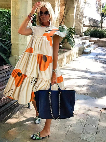 Breezaya Holiday Leisure Big Floral Printed Ruffle Hem Dress Vacation Beach Outfits Women