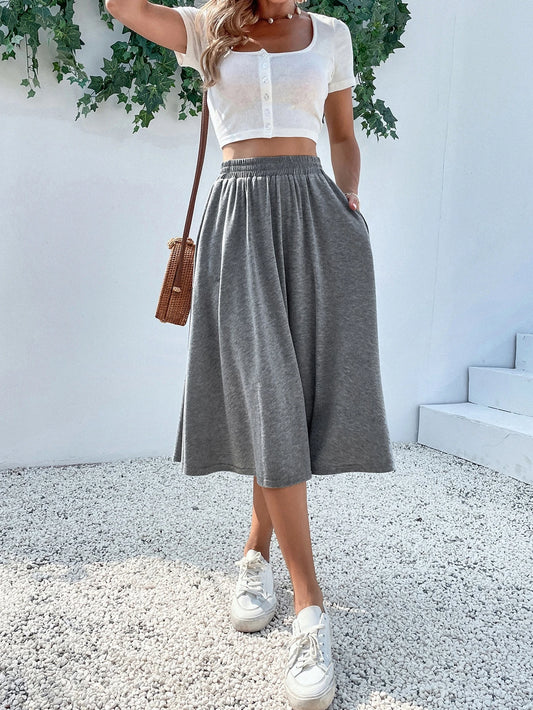 Breezaya Solid Slant Pockets Flared Skirt