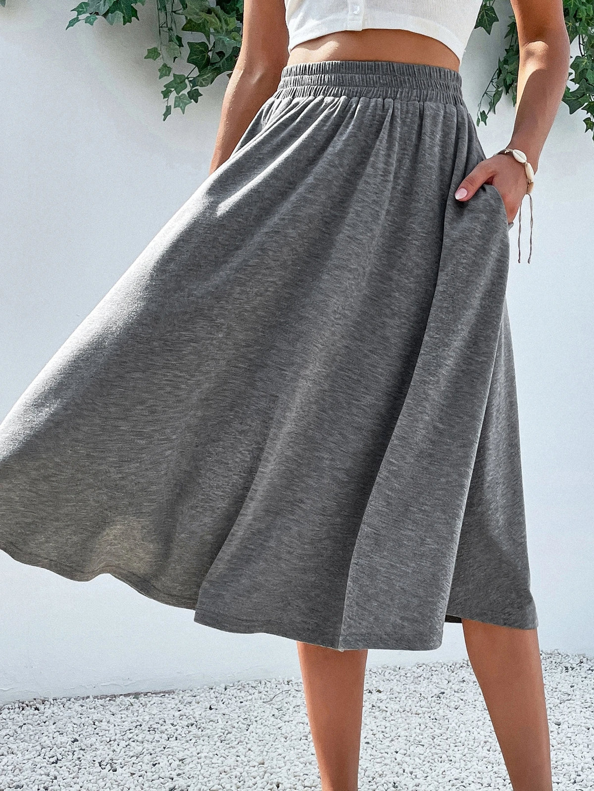 Breezaya Solid Slant Pockets Flared Skirt